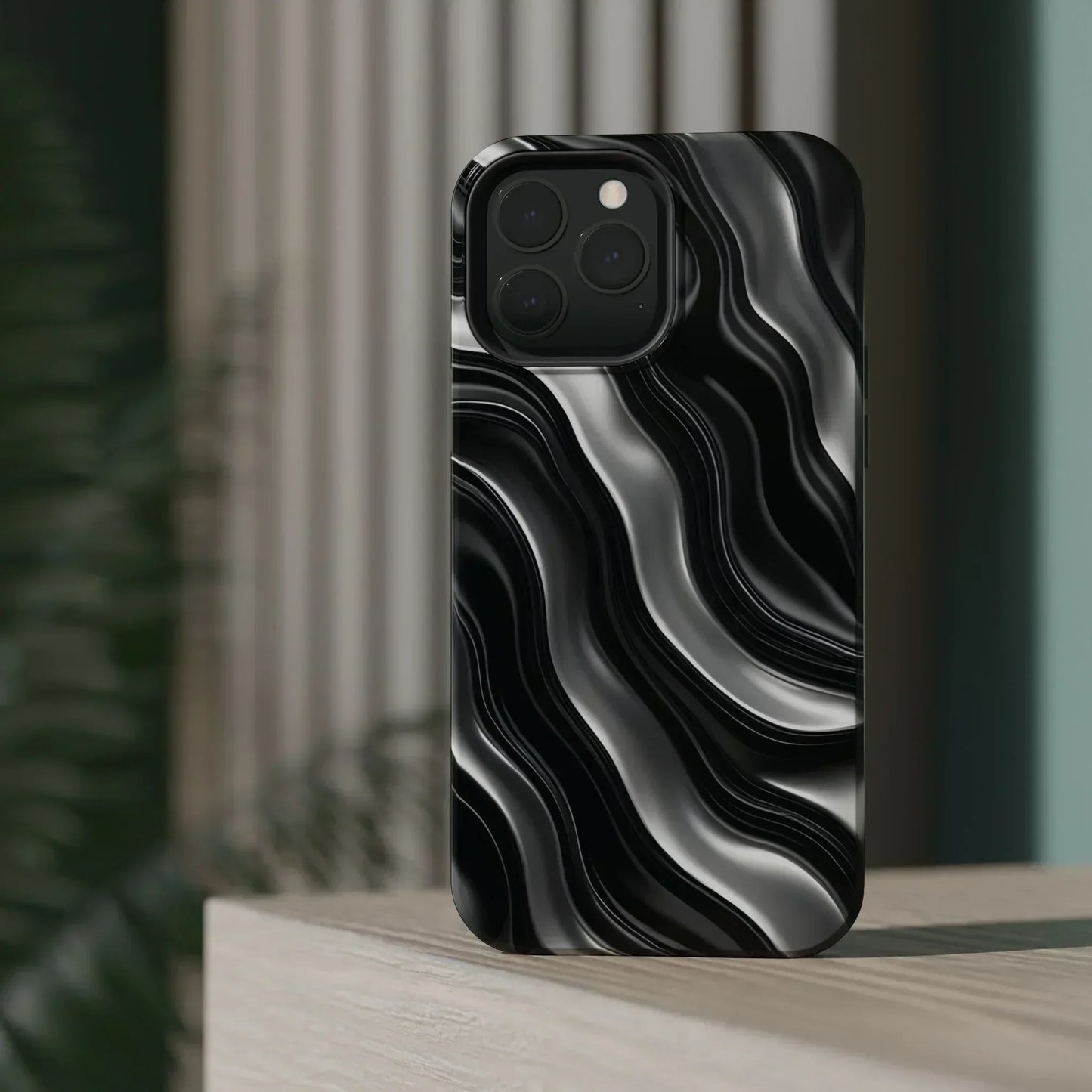 Wavy Illusion Black & Silver MagSafe® Tough Phone Case - KarArmDesign