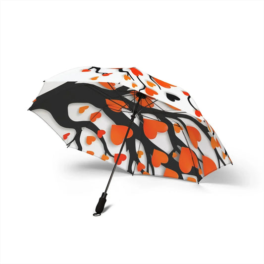 Romantic Heart Tree Foldable Umbrella with Orange & Red Accents on White Canopy - KarArmDesign