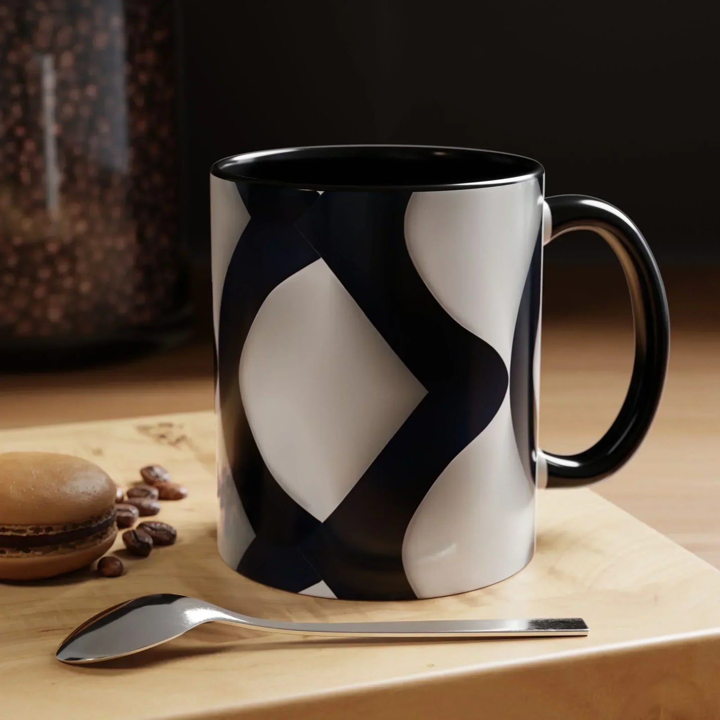 Navy Blue and White Geometric Pattern Mug with Modern Interlocking Design - KarArmDesign