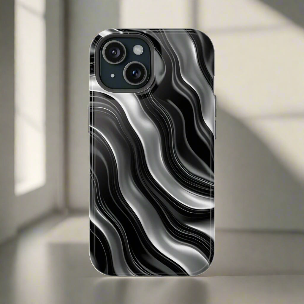 Wavy Illusion Black & Silver MagSafe® Tough Phone Case - KarArmDesign