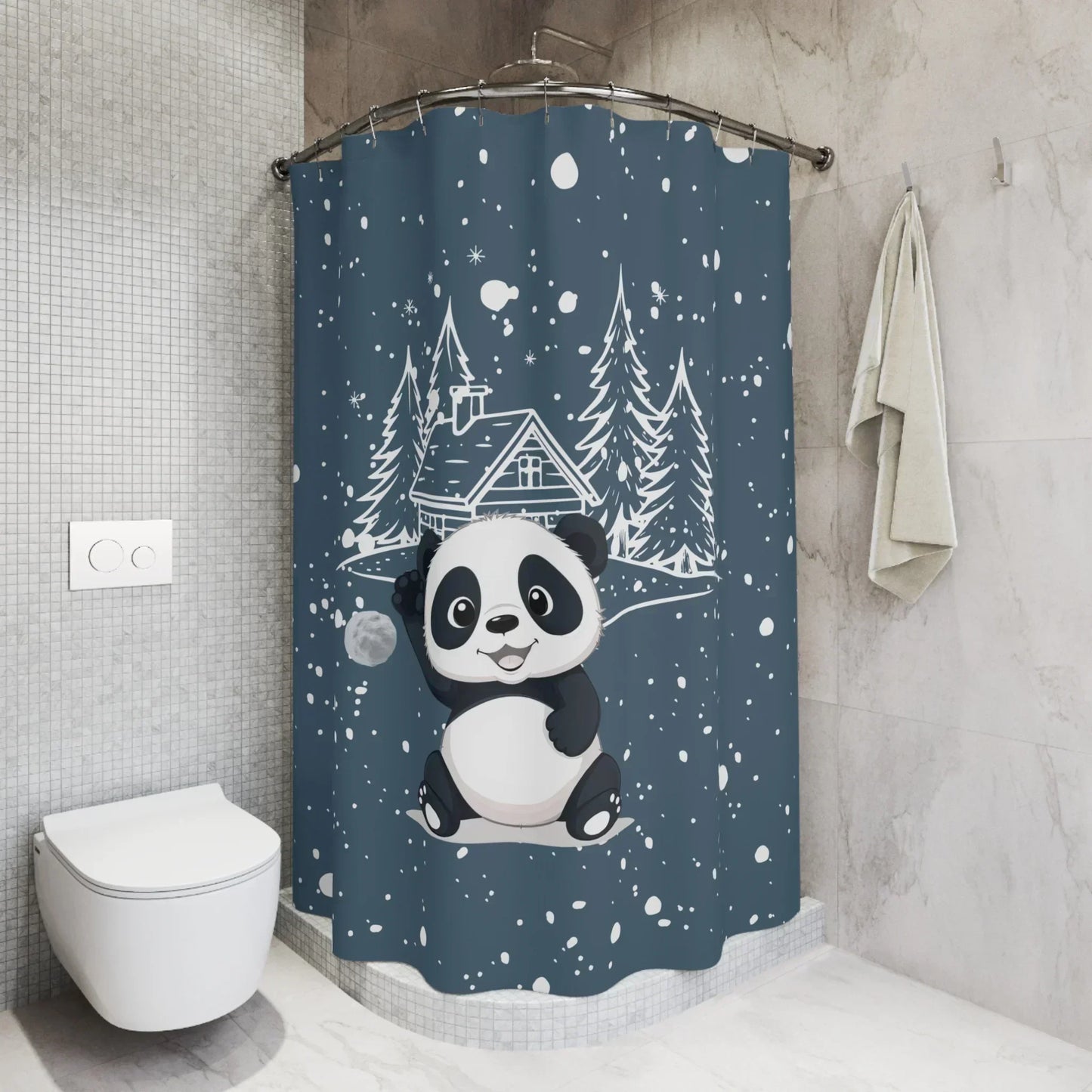 Cute Panda in Snowy Forest Shower Curtain – Cozy Winter Bathroom Decor - KarArmDesign