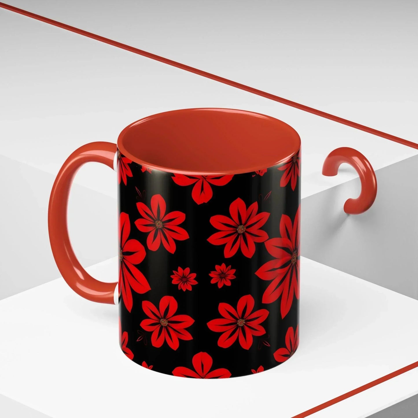 Accent Red Floral Coffee Mug – 11oz & 15oz - KarArmDesign