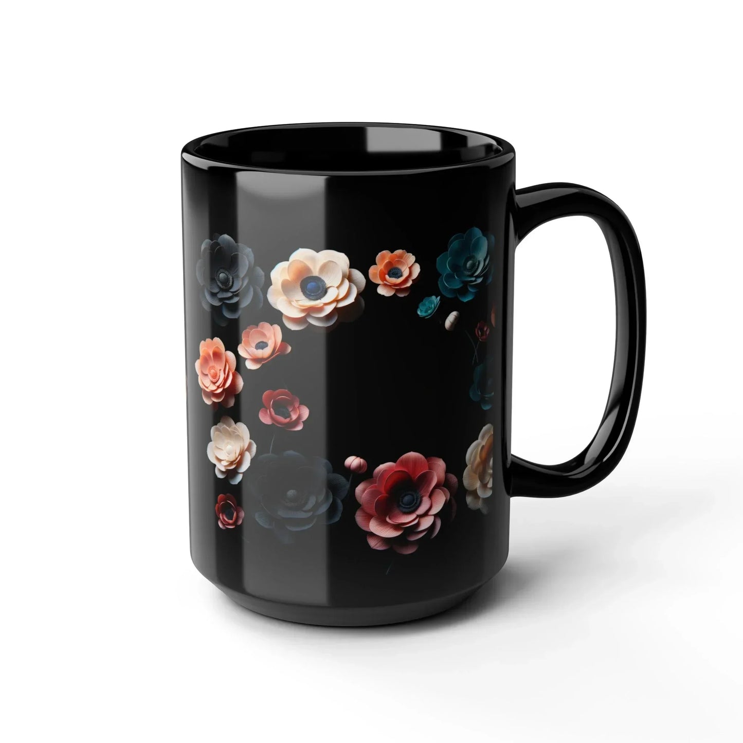 Midnight Bloom – Elegant Black Ceramic Floral Mug - 15oz - KarArmDesign