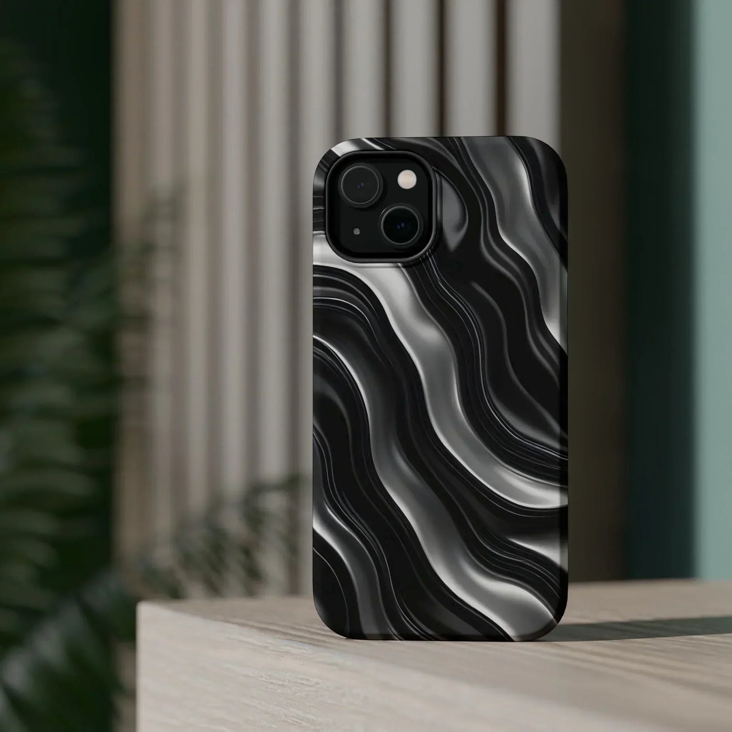 Wavy Illusion Black & Silver MagSafe® Tough Phone Case - KarArmDesign