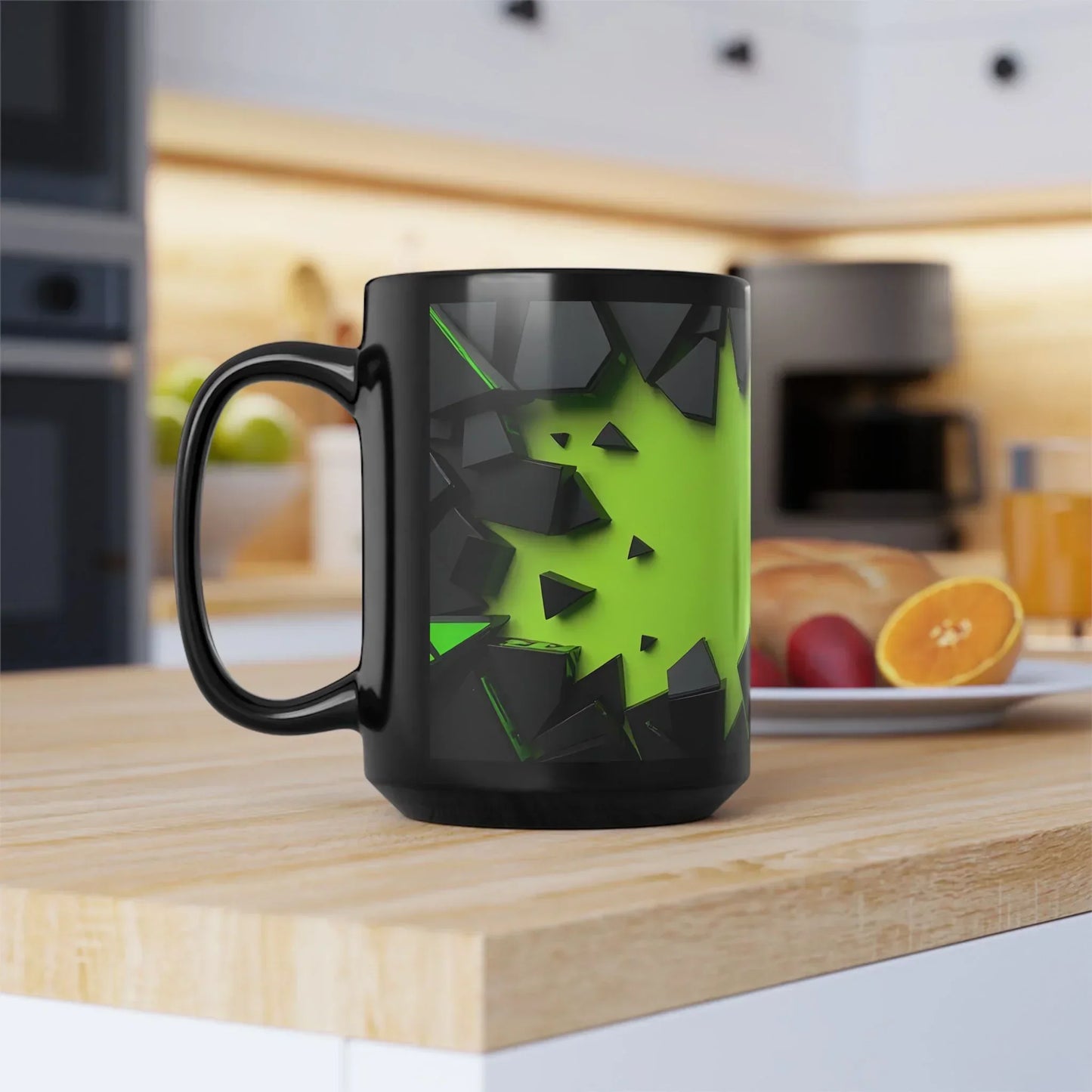 Dynamic Black & Neon Green Mug – 15oz Geometric Design - KarArmDesign