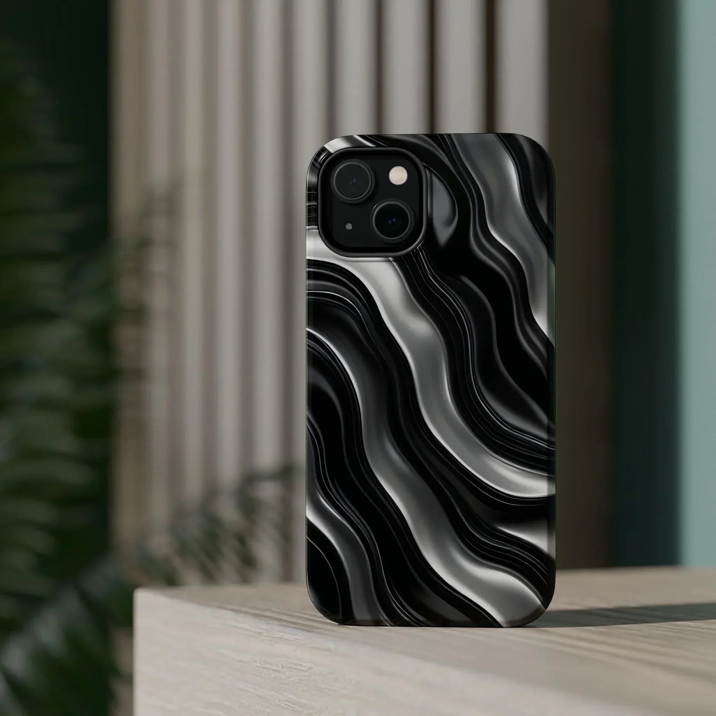 Wavy Illusion Black & Silver MagSafe® Tough Phone Case - KarArmDesign