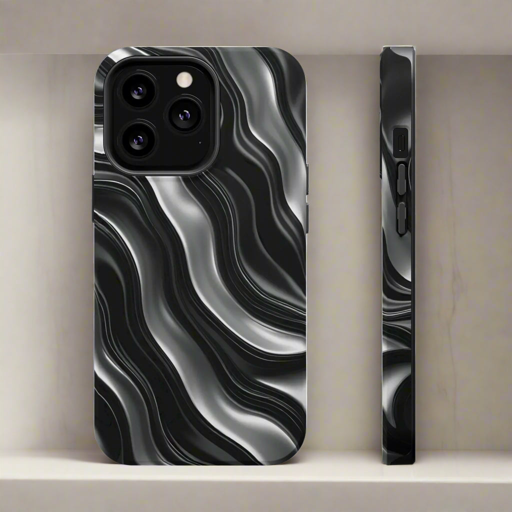Wavy Illusion Black & Silver MagSafe® Tough Phone Case - KarArmDesign