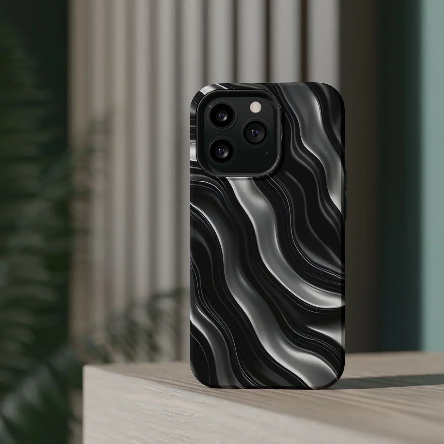 Wavy Illusion Black & Silver MagSafe® Tough Phone Case - KarArmDesign