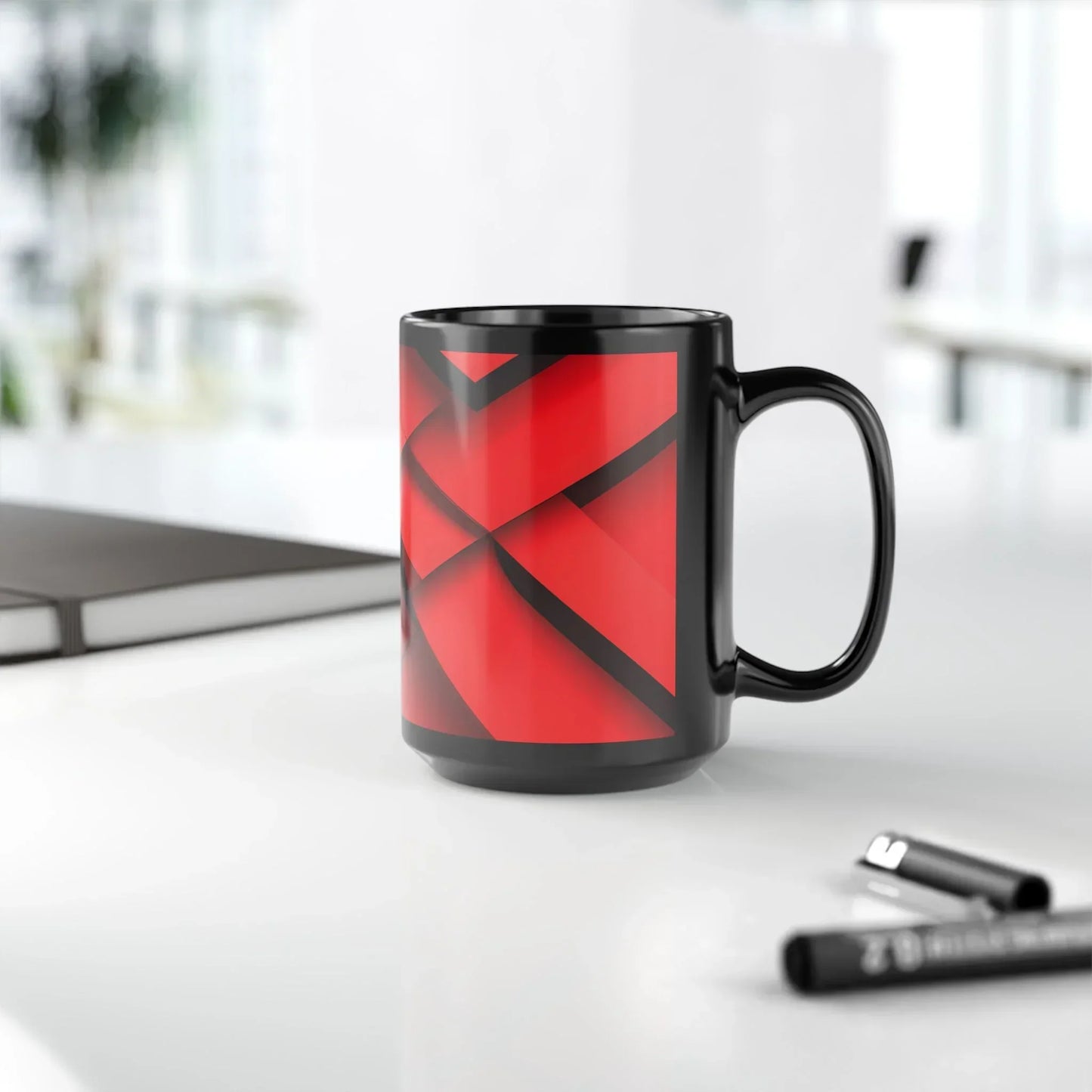 Geometric Red & Black Mug – Abstract Lines Design, 15oz - KarArmDesign