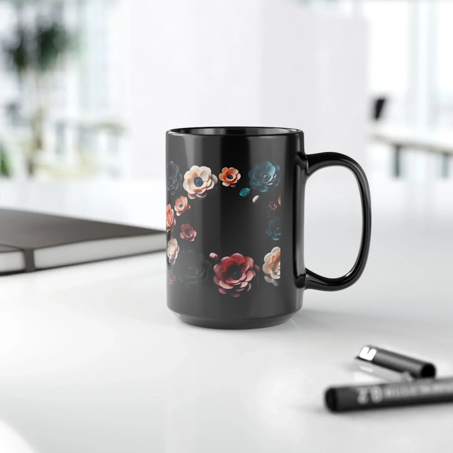 Midnight Bloom – Elegant Black Ceramic Floral Mug - 15oz - KarArmDesign