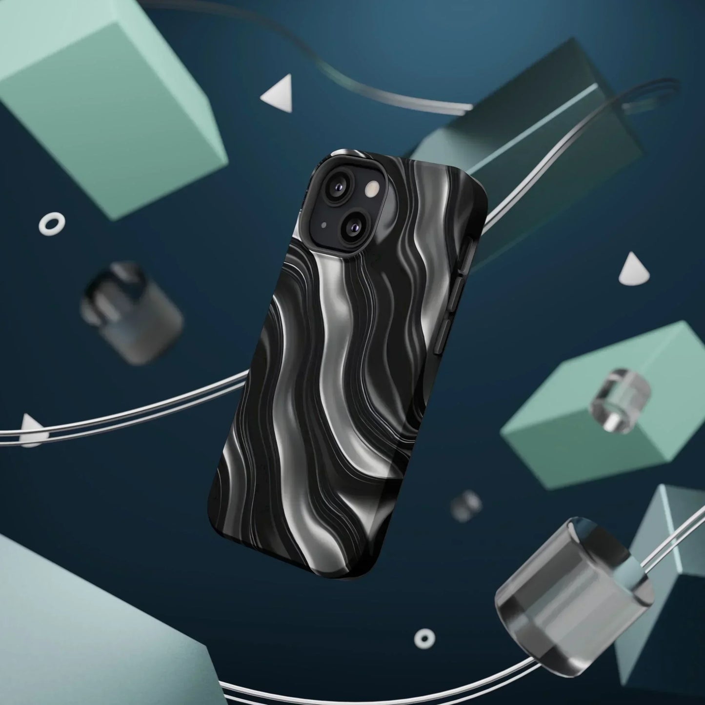 Wavy Illusion Black & Silver MagSafe® Tough Phone Case - KarArmDesign
