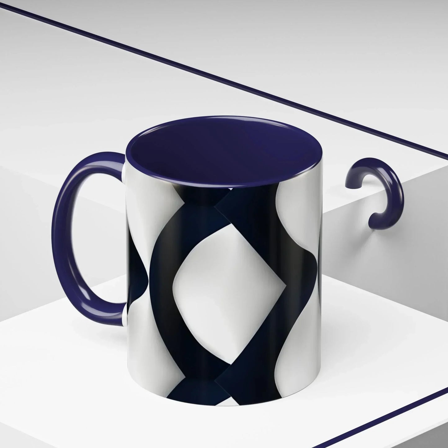 Navy Blue and White Geometric Pattern Mug with Modern Interlocking Design - KarArmDesign