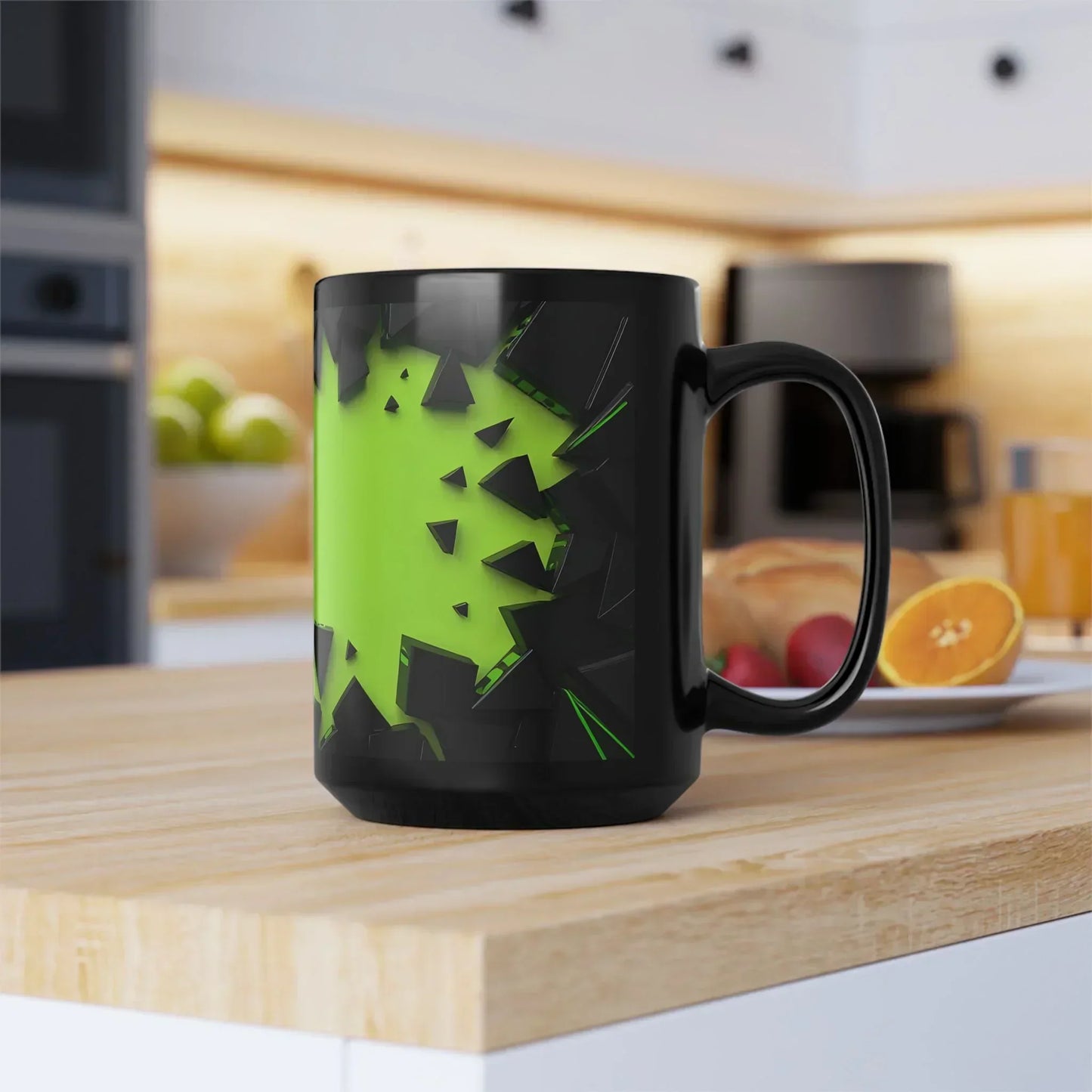 Dynamic Black & Neon Green Mug – 15oz Geometric Design - KarArmDesign