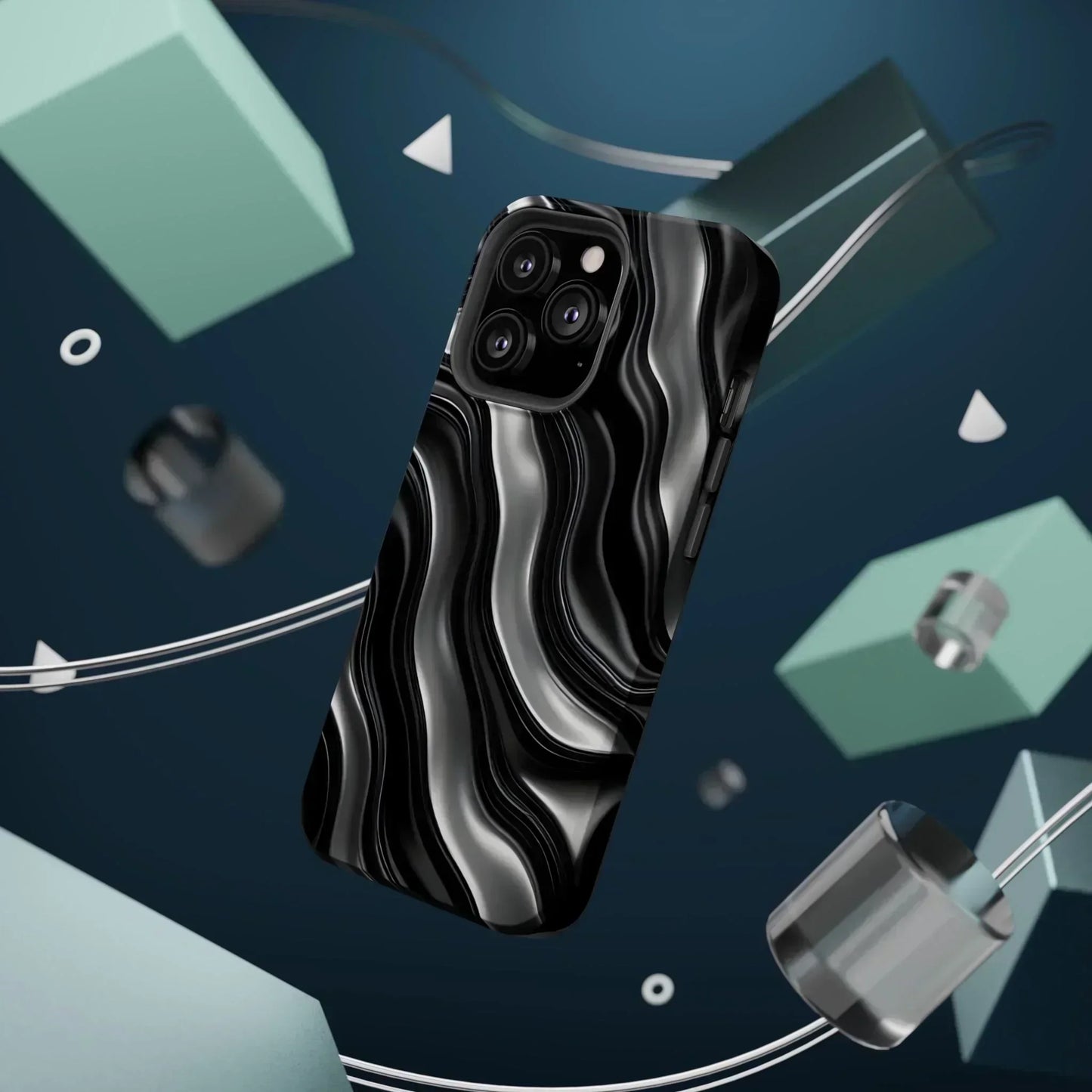 Wavy Illusion Black & Silver MagSafe® Tough Phone Case - KarArmDesign