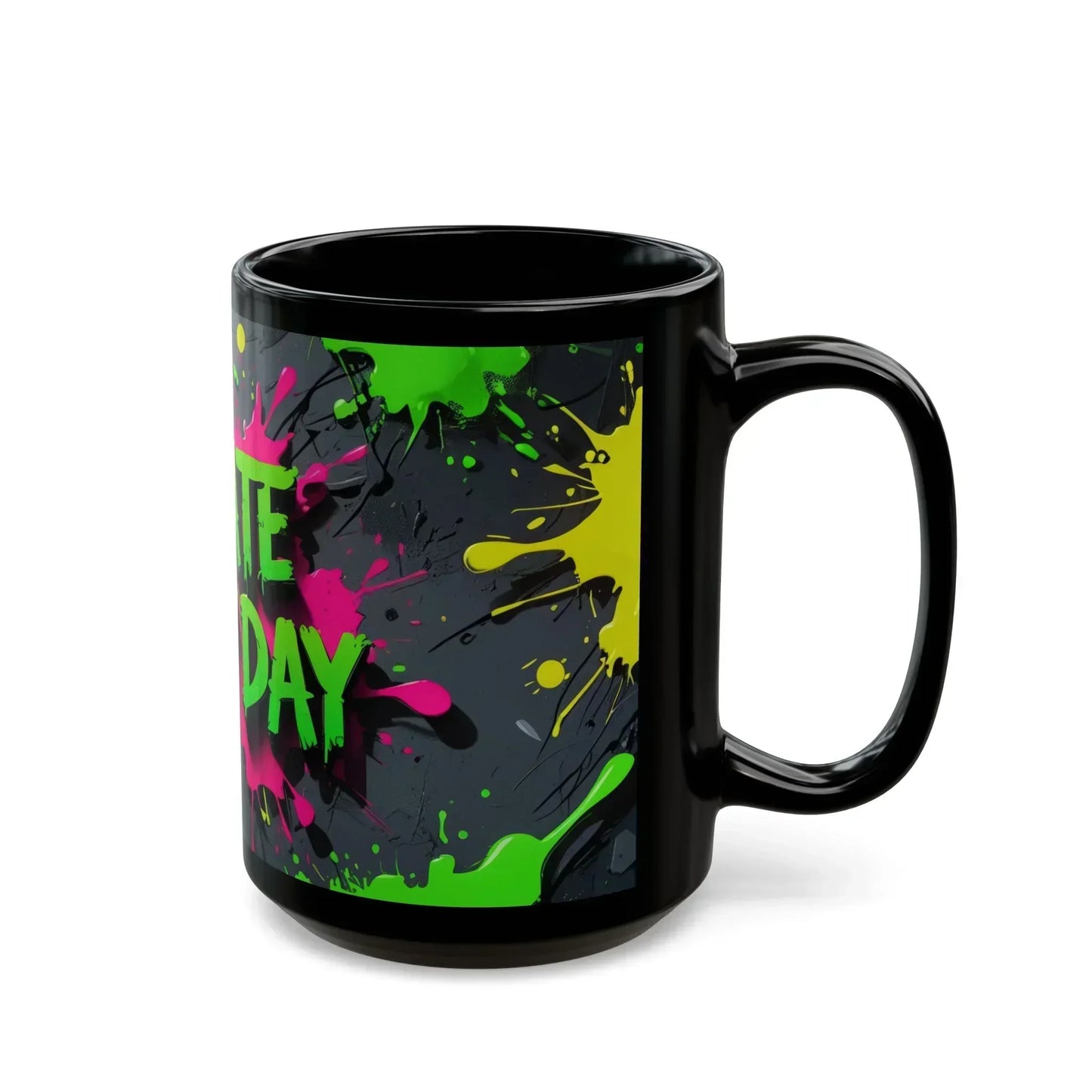 “Create Every Day” Black Mug with Neon Splash Design - KarArmDesign