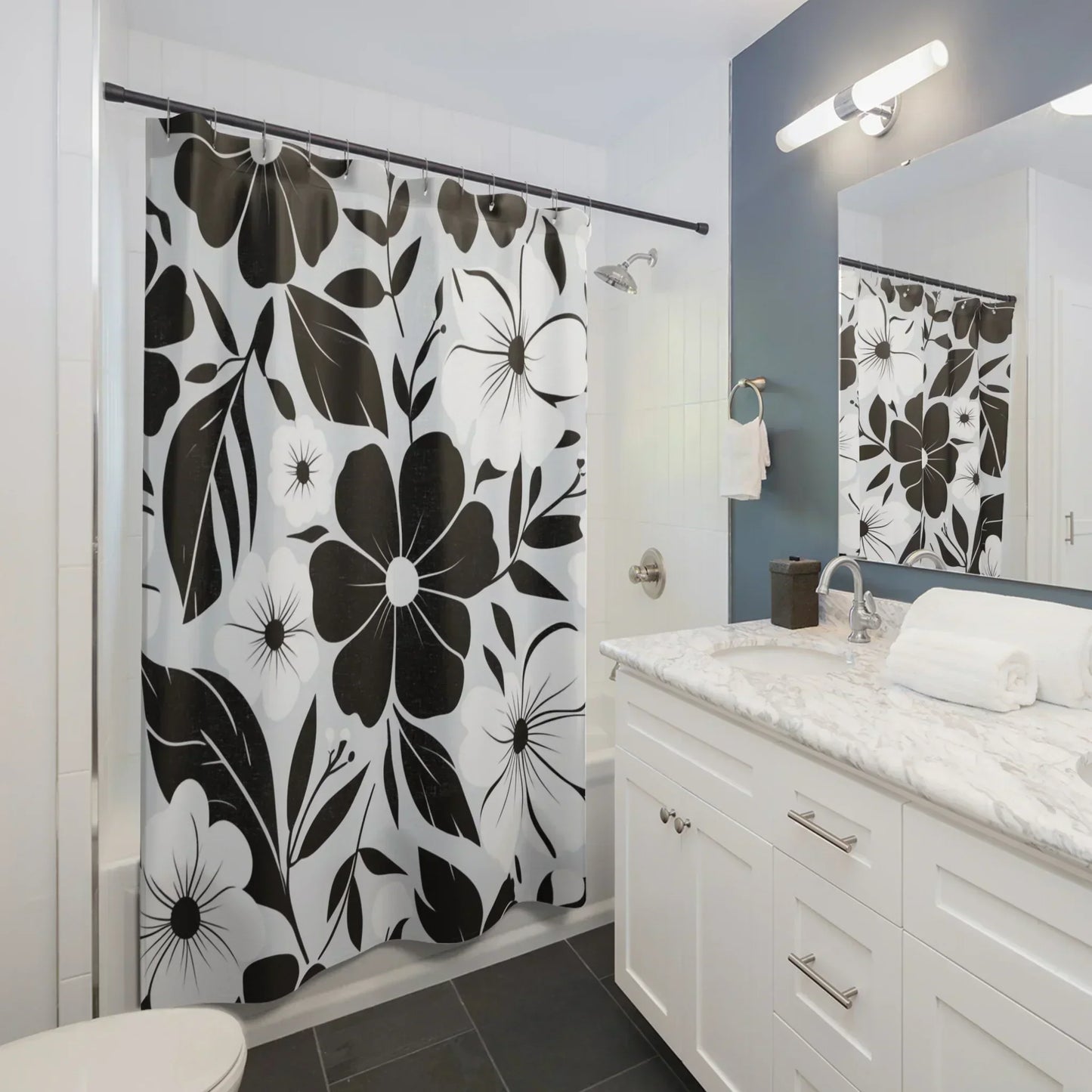 Elegant Black and White Floral Shower Curtain - KarArmDesign