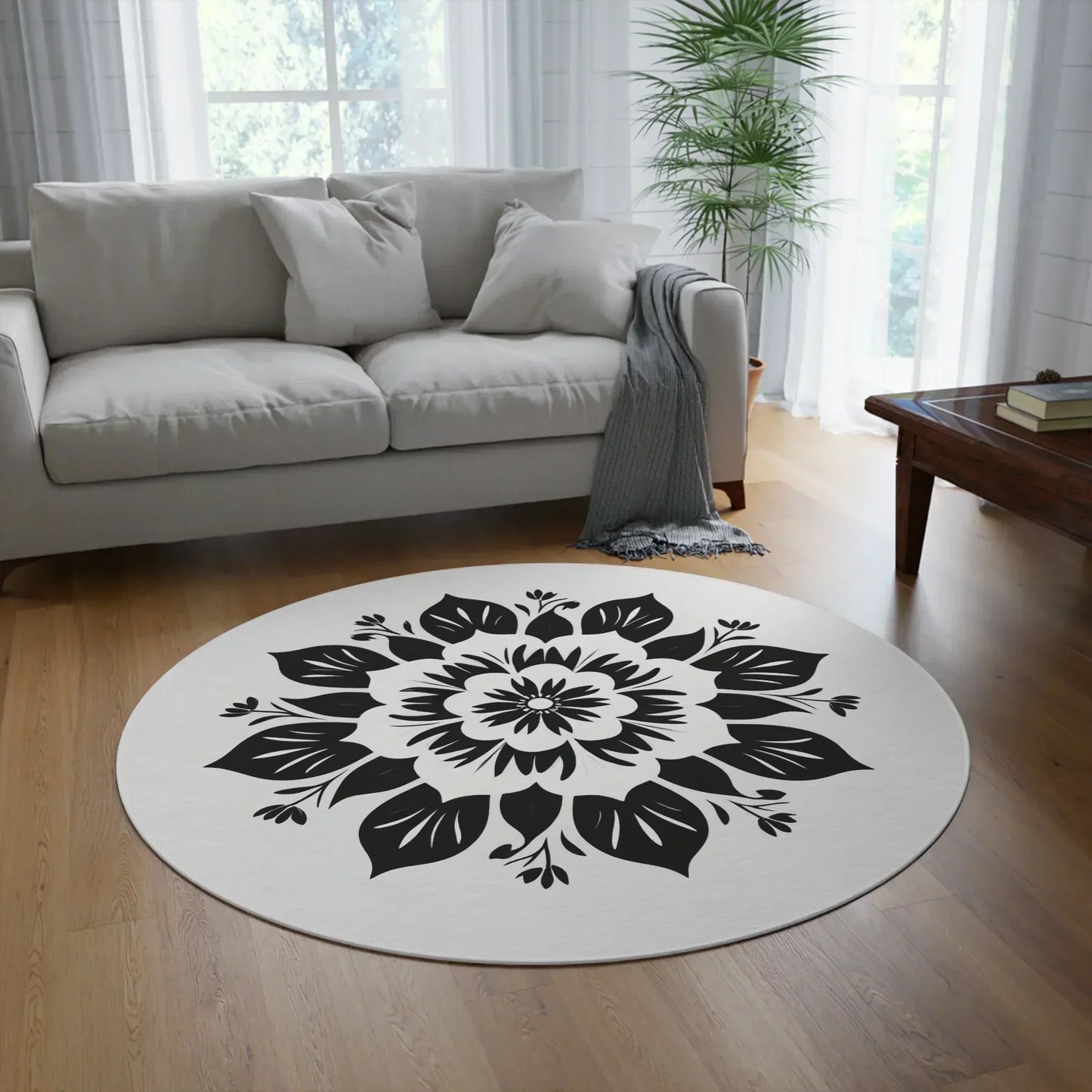 Round Rug with Intricate Black Mandala Pattern - KarArmDesign