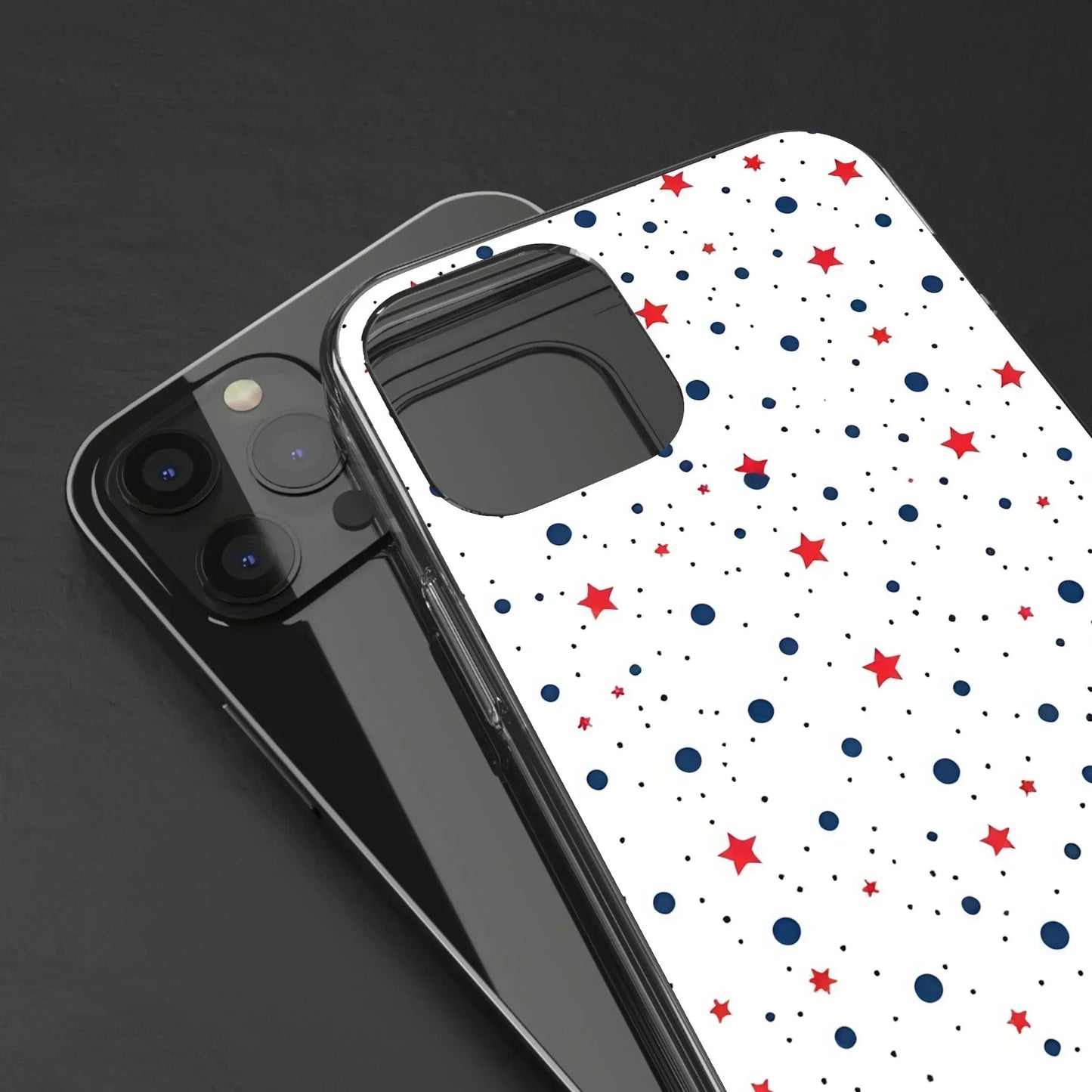 White Phone Case with Red Stars and Blue Polka Dots for iPhone and Galaxy - KarArmDesign