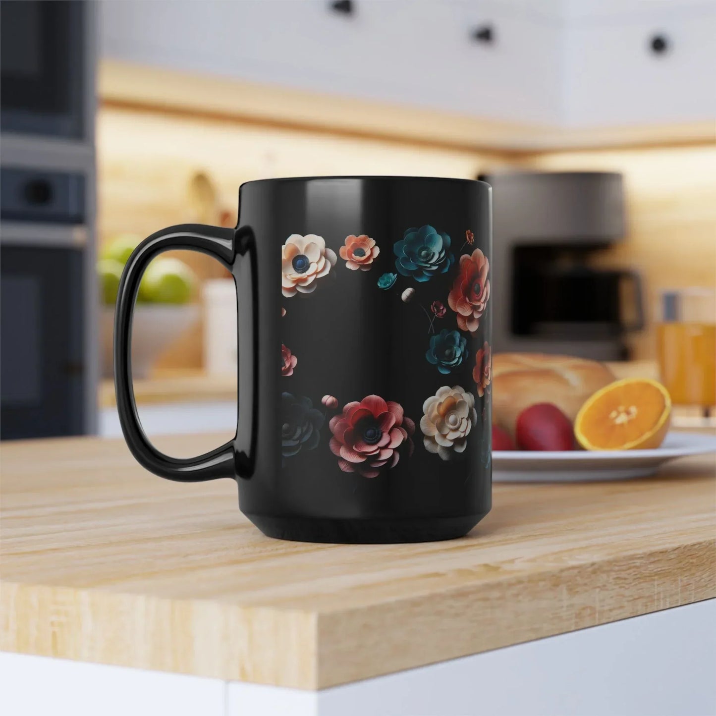 Midnight Bloom – Elegant Black Ceramic Floral Mug - 15oz - KarArmDesign