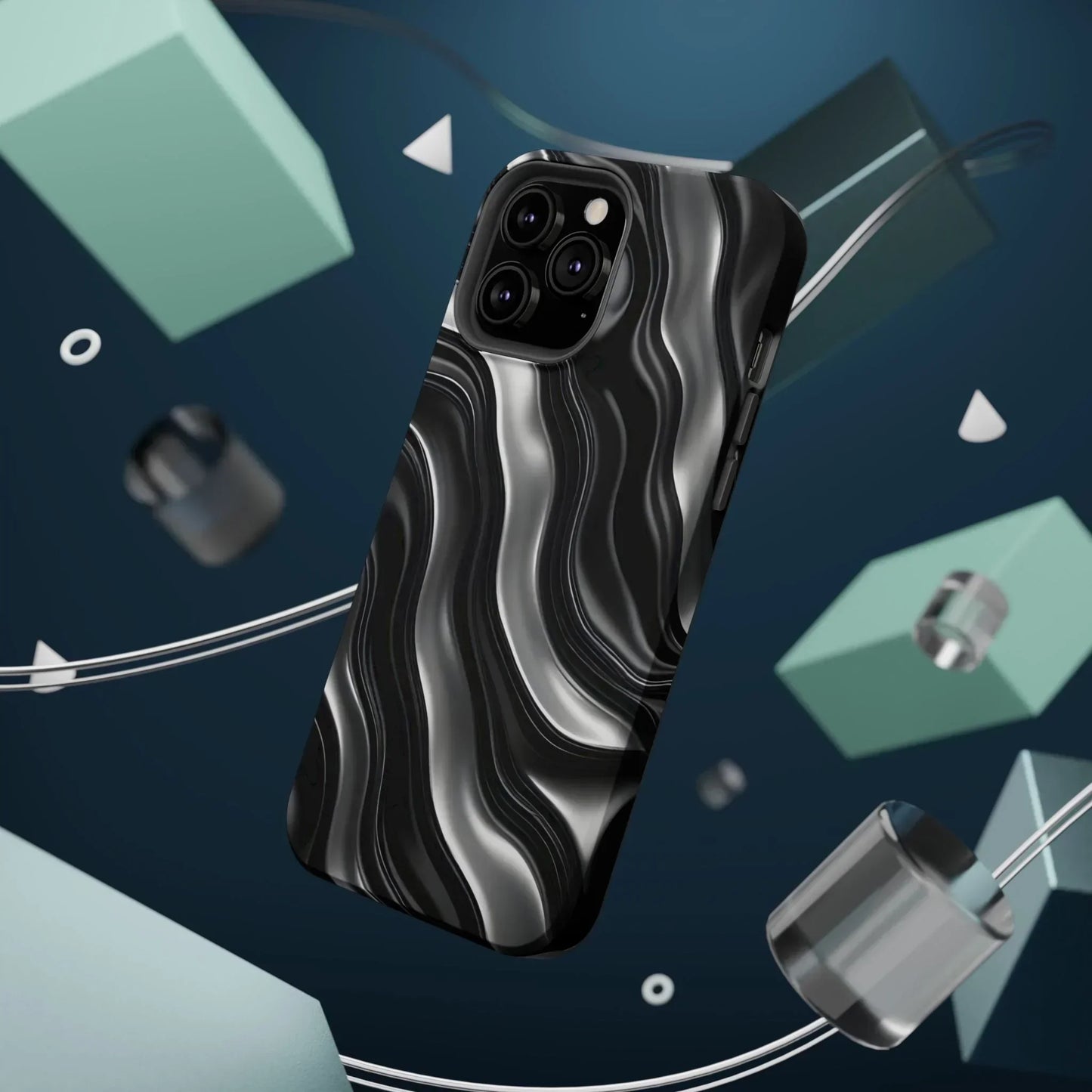 Wavy Illusion Black & Silver MagSafe® Tough Phone Case - KarArmDesign