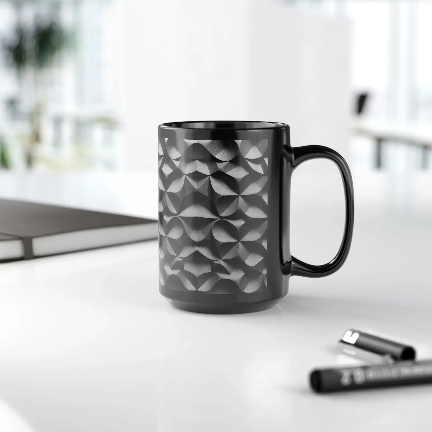 "KarArmDesign Signature Style" β Uniquely Textured Black Mug with 3D Geometric Design - KarArmDesign