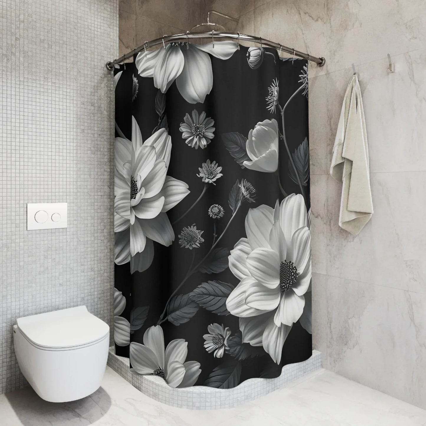 Elegant Floral Shower Curtain Timeless Black & White Bathroom Decor - KarArmDesign