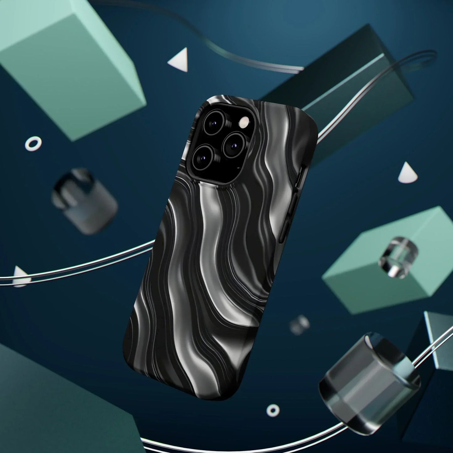 Wavy Illusion Black & Silver MagSafe® Tough Phone Case - KarArmDesign