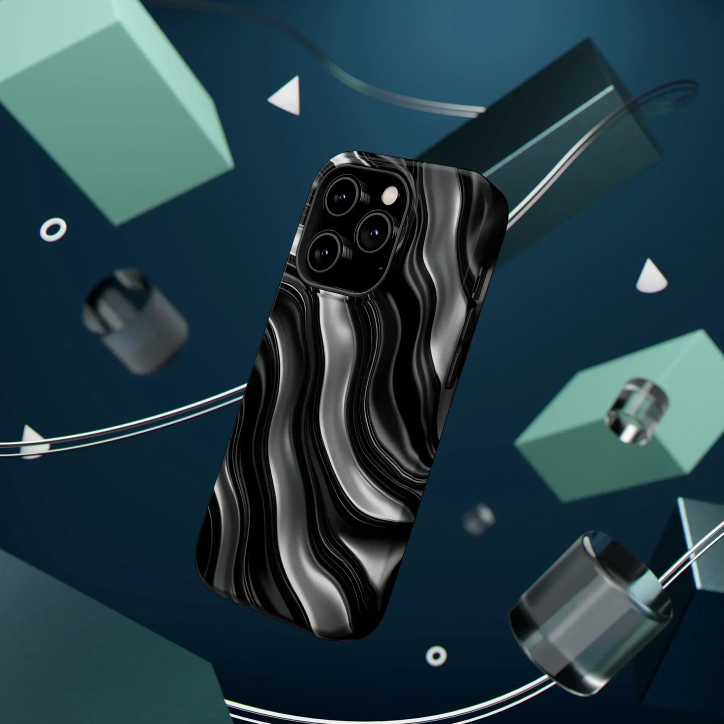Wavy Illusion Black & Silver MagSafe® Tough Phone Case - KarArmDesign