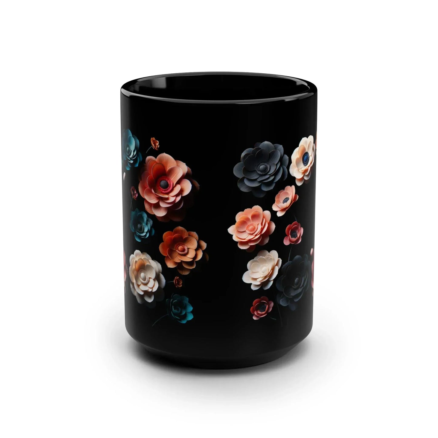 Midnight Bloom – Elegant Black Ceramic Floral Mug - 15oz - KarArmDesign