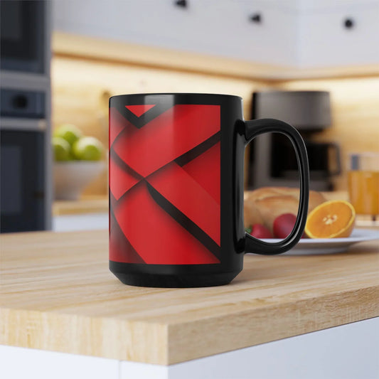 Geometric Red & Black Mug – Abstract Lines Design, 15oz - KarArmDesign