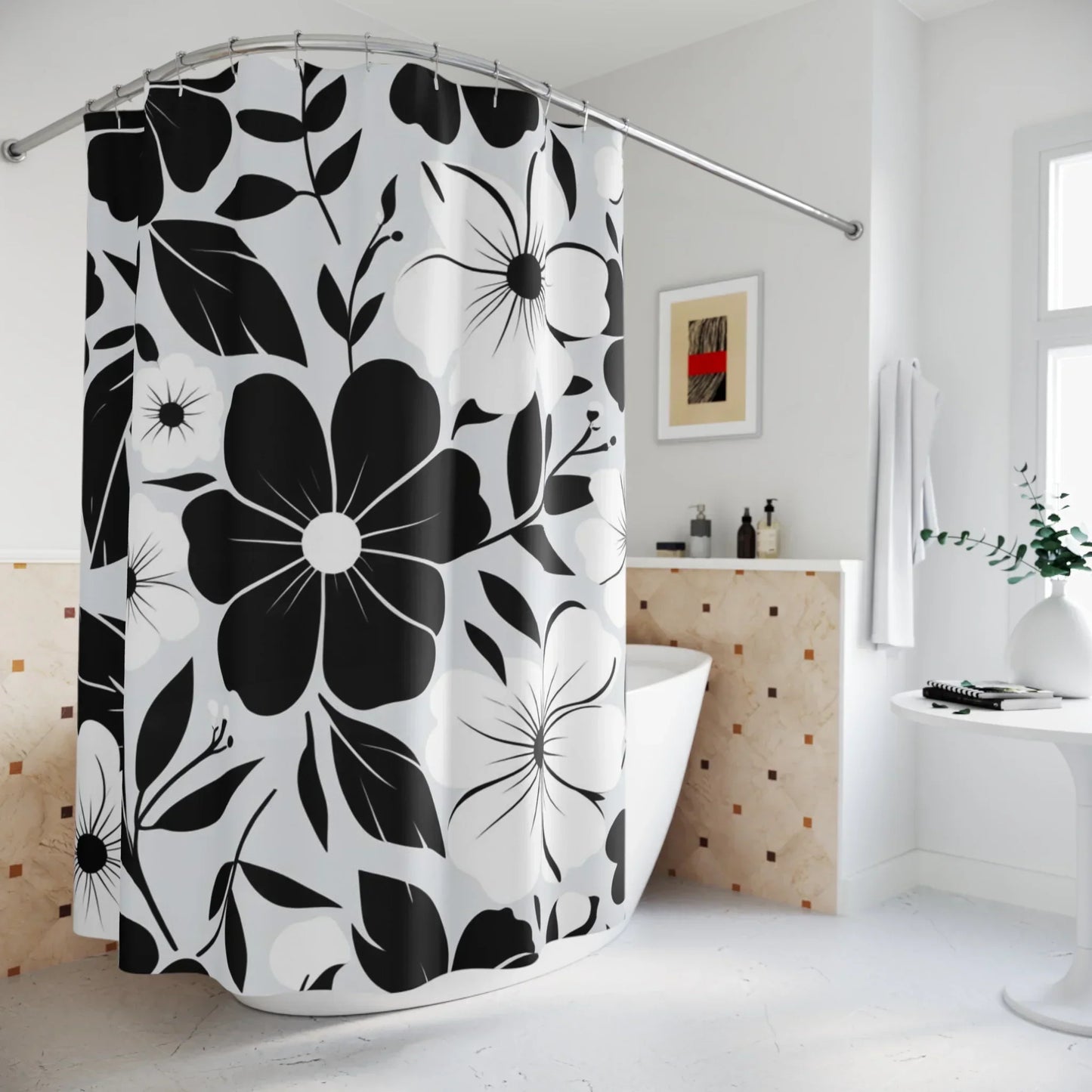 Elegant Black and White Floral Shower Curtain - KarArmDesign