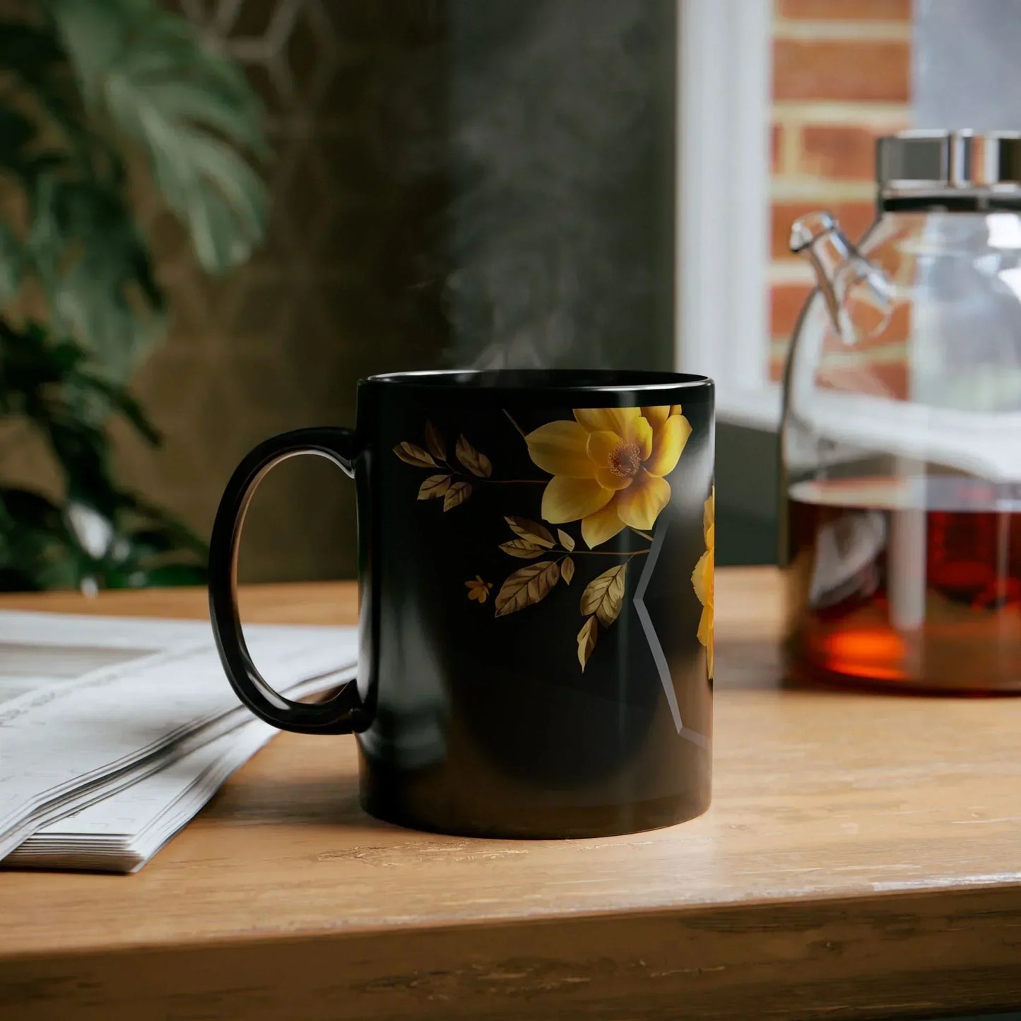 Glossy Black Floral Mug (11oz, 15oz) - KarArmDesign