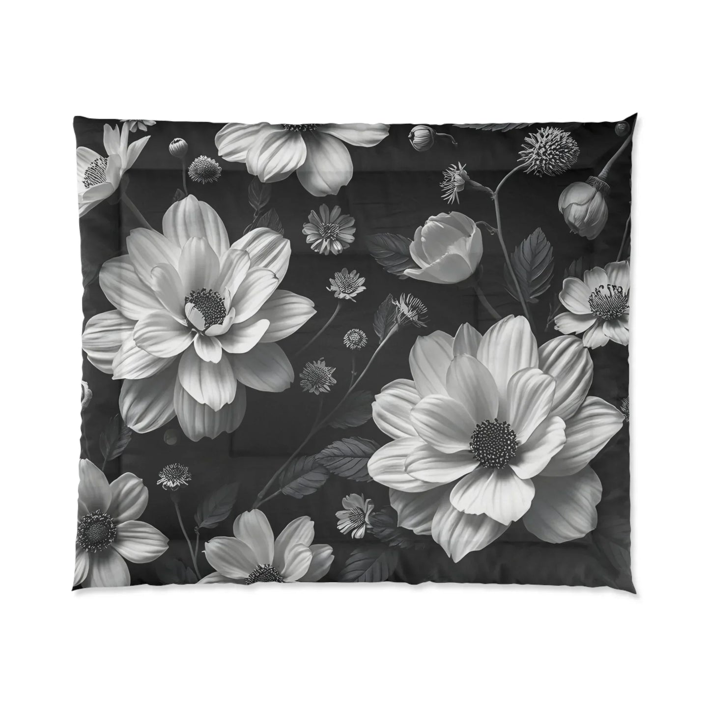 Dark Floral Comforter – Gray and White Flowers on Black - KarArmDesign