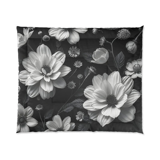 Dark Floral Comforter – Gray and White Flowers on Black - KarArmDesign
