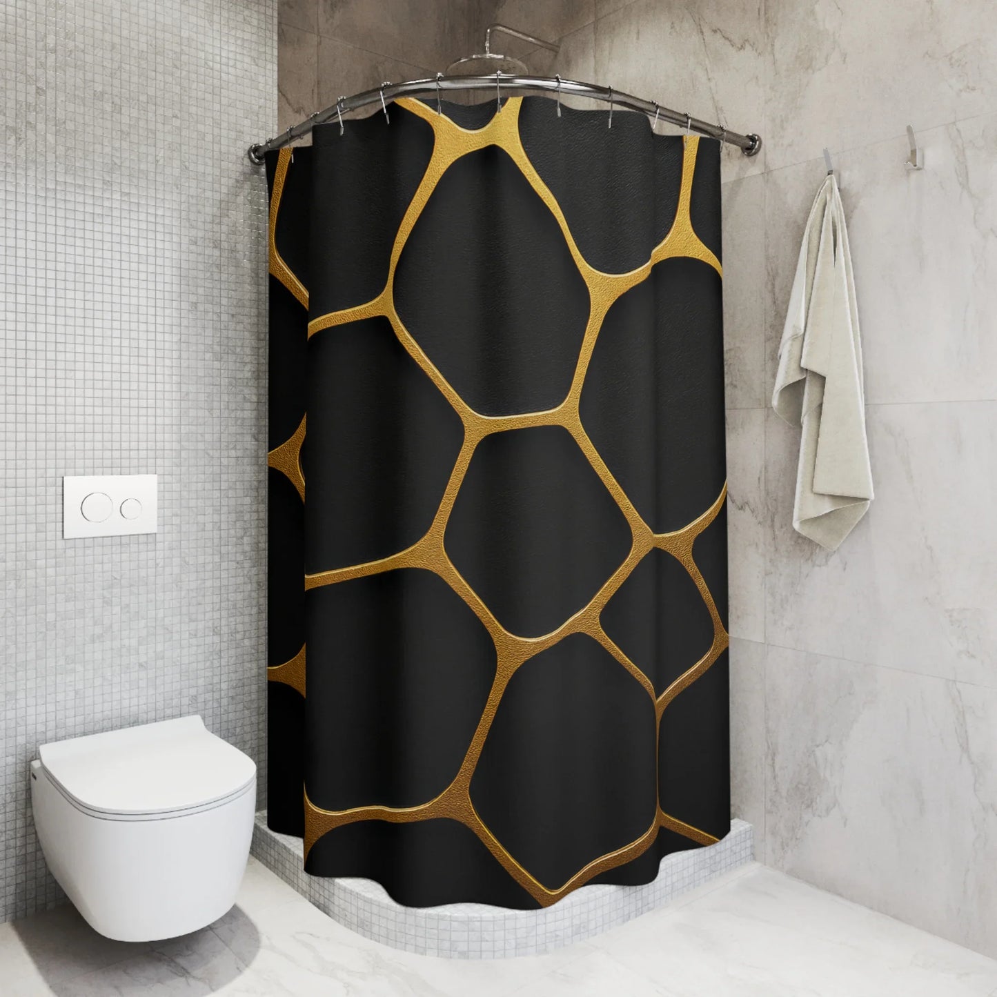 Dark Textured Shower Curtain - Golden Cellscape - KarArmDesign