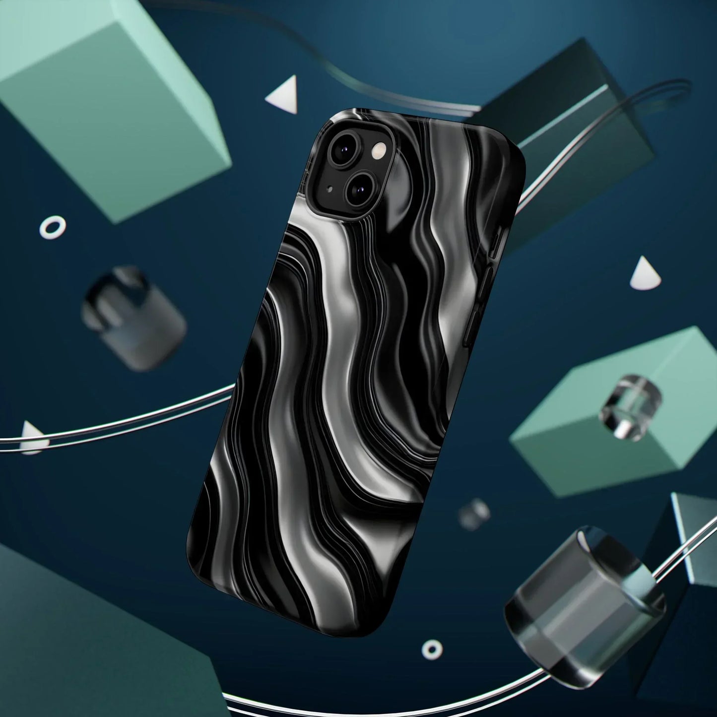 Wavy Illusion Black & Silver MagSafe® Tough Phone Case - KarArmDesign
