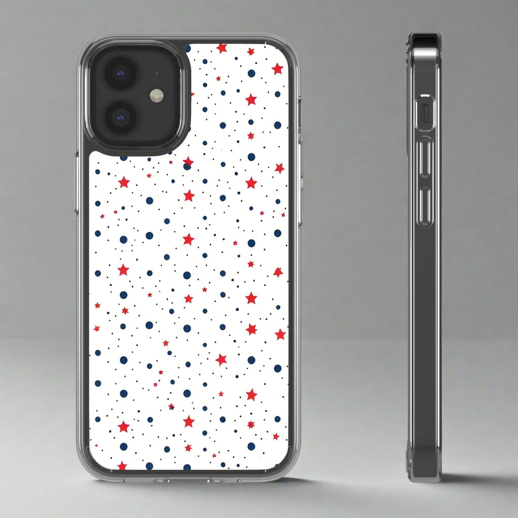 White Phone Case with Red Stars and Blue Polka Dots for iPhone and Galaxy - KarArmDesign