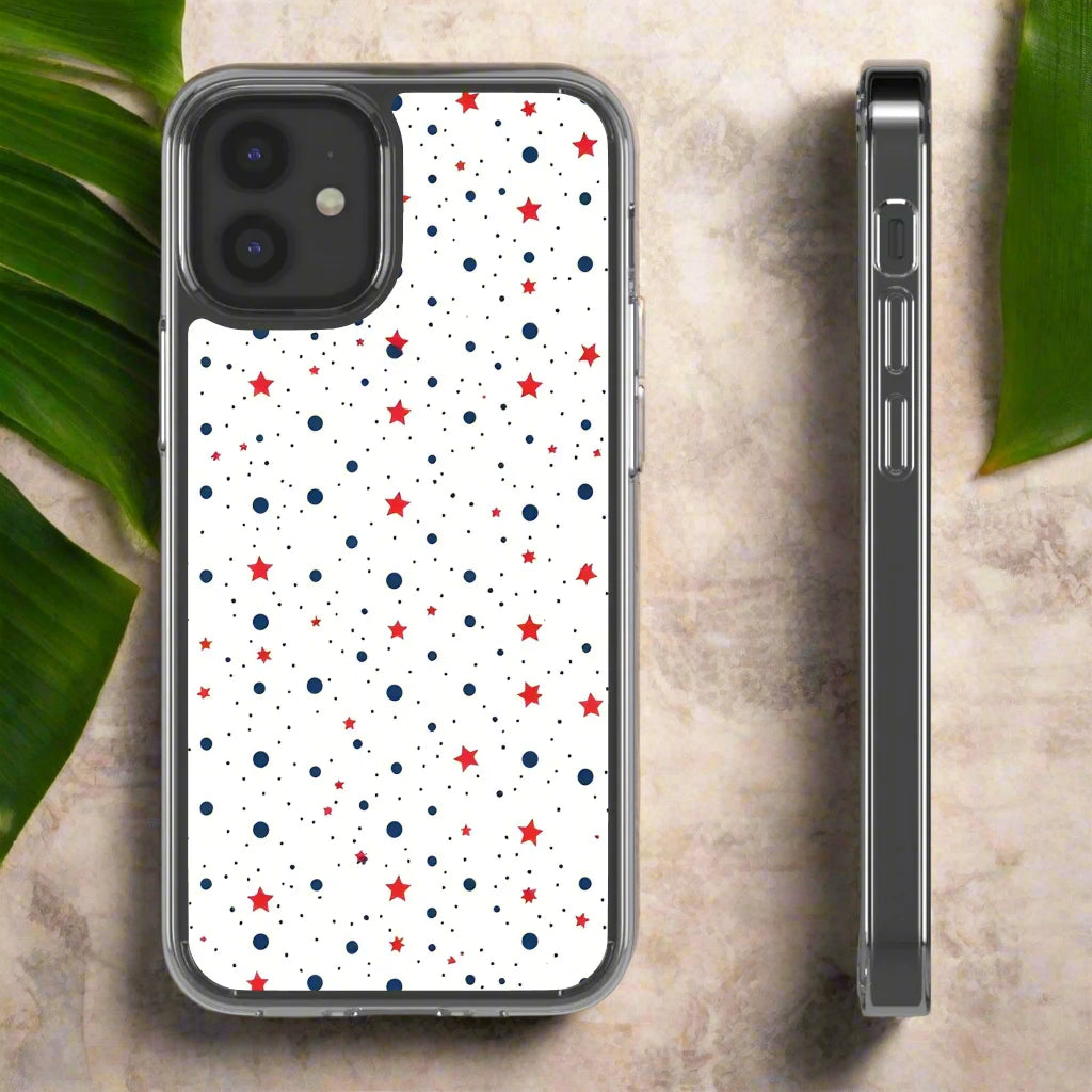 White Phone Case with Red Stars and Blue Polka Dots for iPhone and Galaxy - KarArmDesign