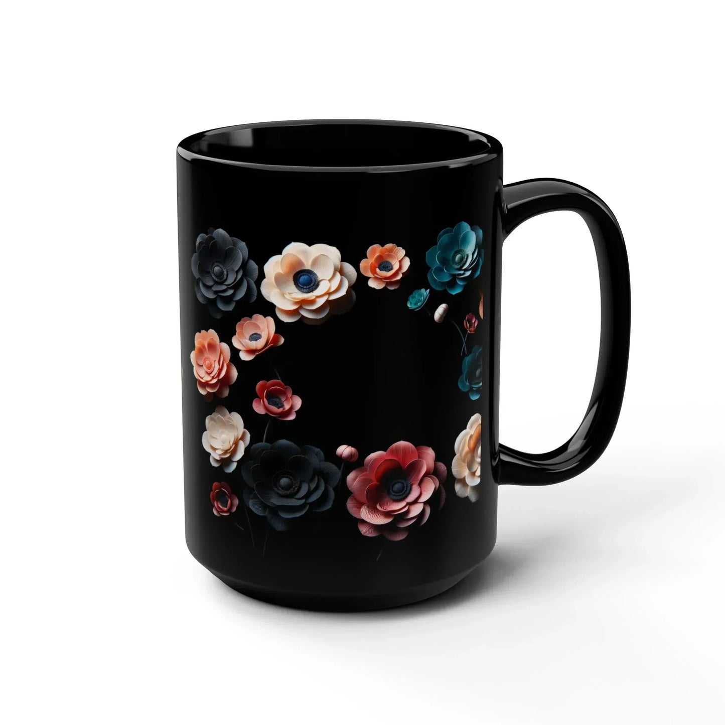 Midnight Bloom – Elegant Black Ceramic Floral Mug - 15oz - KarArmDesign