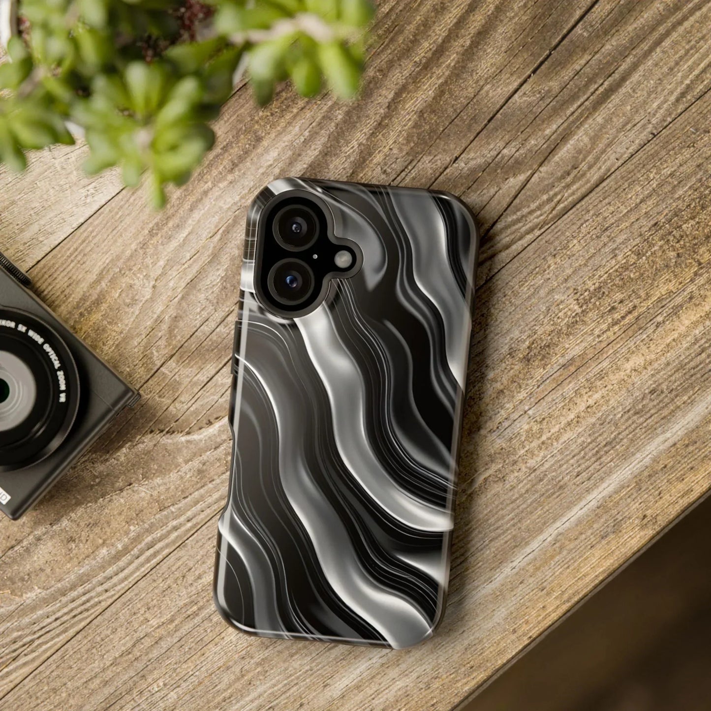 Wavy Illusion Black & Silver MagSafe® Tough Phone Case - KarArmDesign