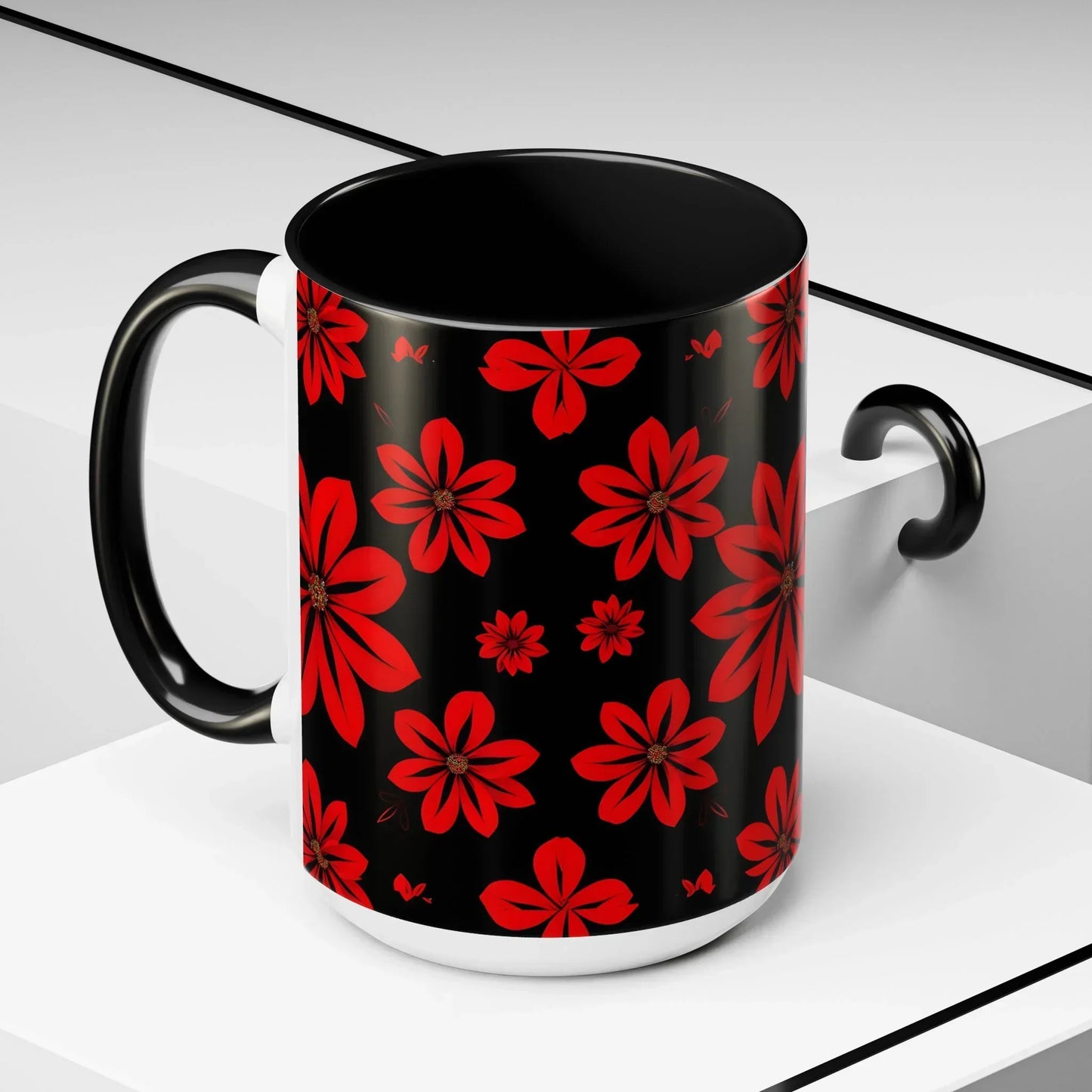 Accent Red Floral Coffee Mug – 11oz & 15oz - KarArmDesign