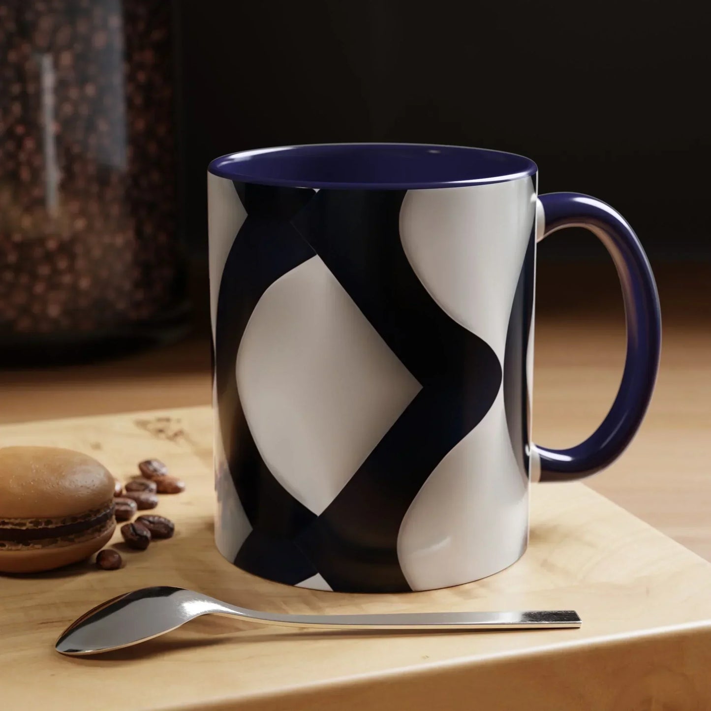 Navy Blue and White Geometric Pattern Mug with Modern Interlocking Design - KarArmDesign
