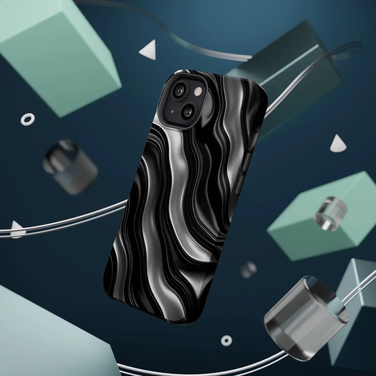 Wavy Illusion Black & Silver MagSafe® Tough Phone Case - KarArmDesign