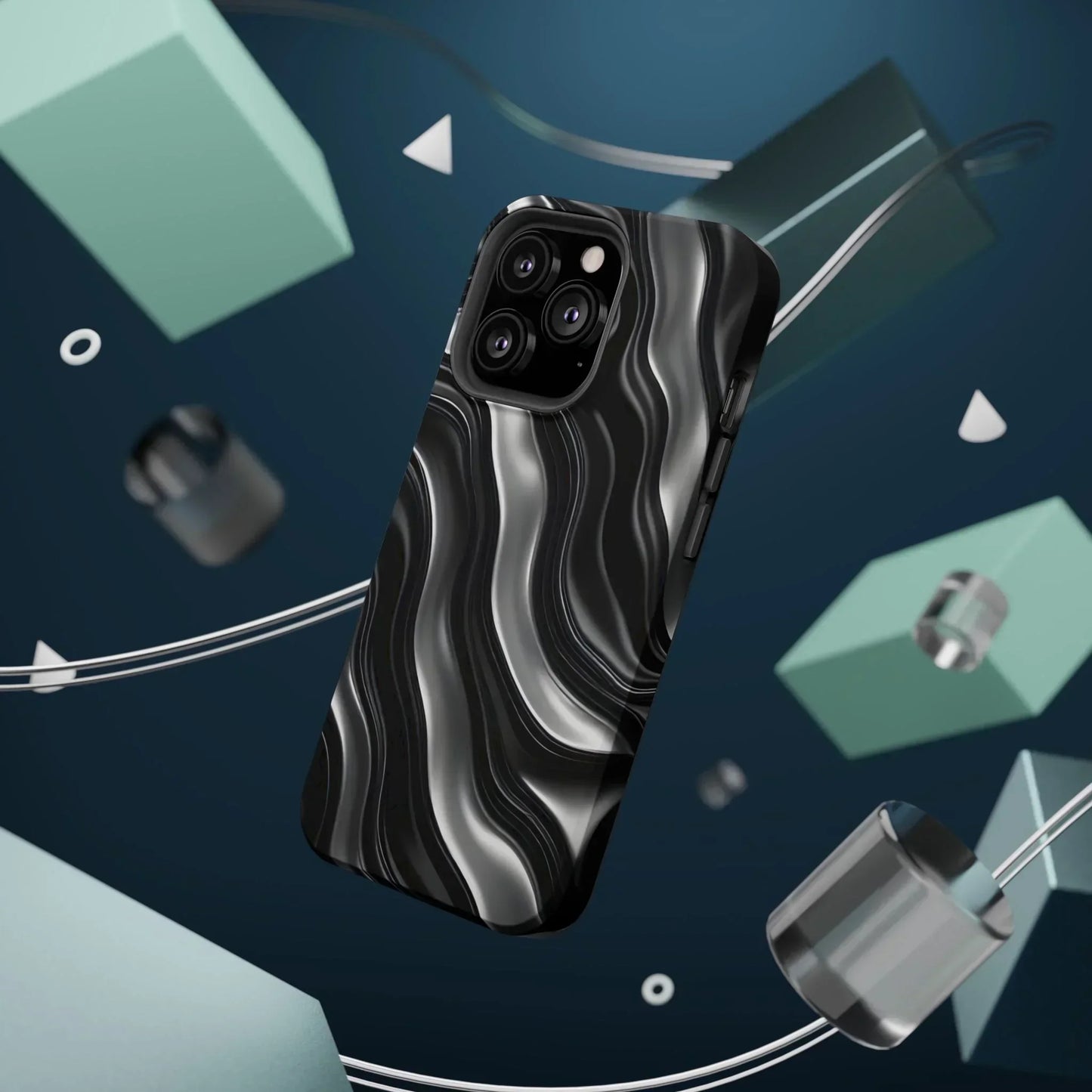 Wavy Illusion Black & Silver MagSafe® Tough Phone Case - KarArmDesign