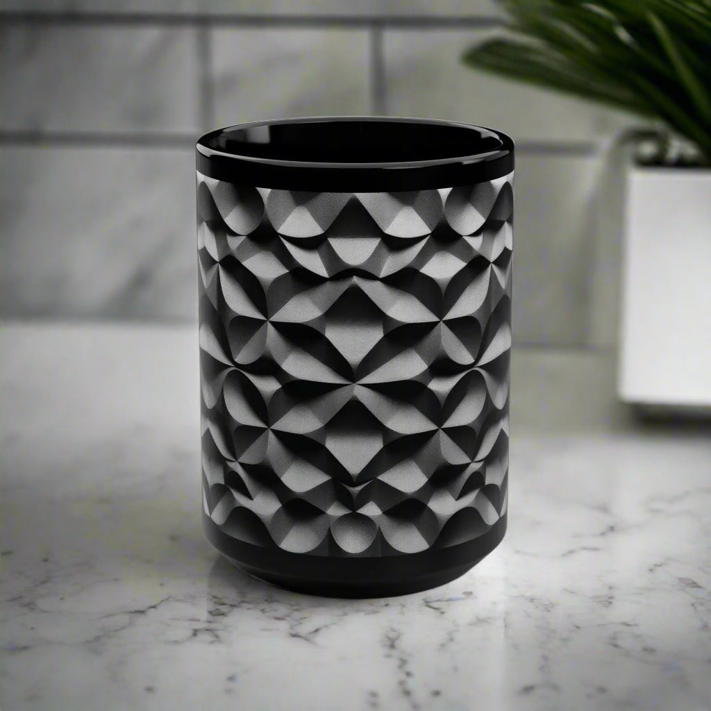 "KarArmDesign Signature Style" β Uniquely Textured Black Mug with 3D Geometric Design - KarArmDesign