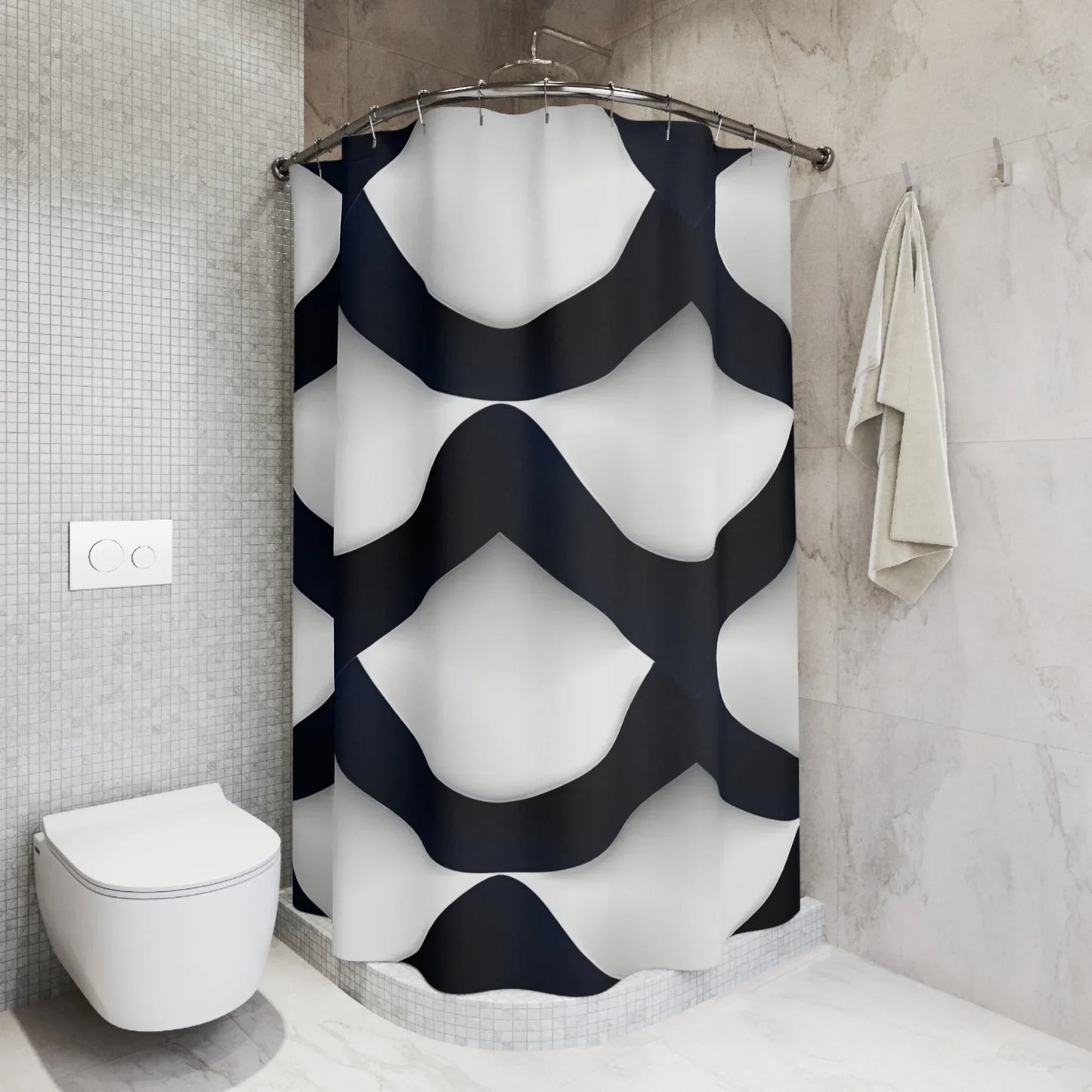 Modern Navy Blue & White Shower Curtain with Geometric Wave Pattern - KarArmDesign