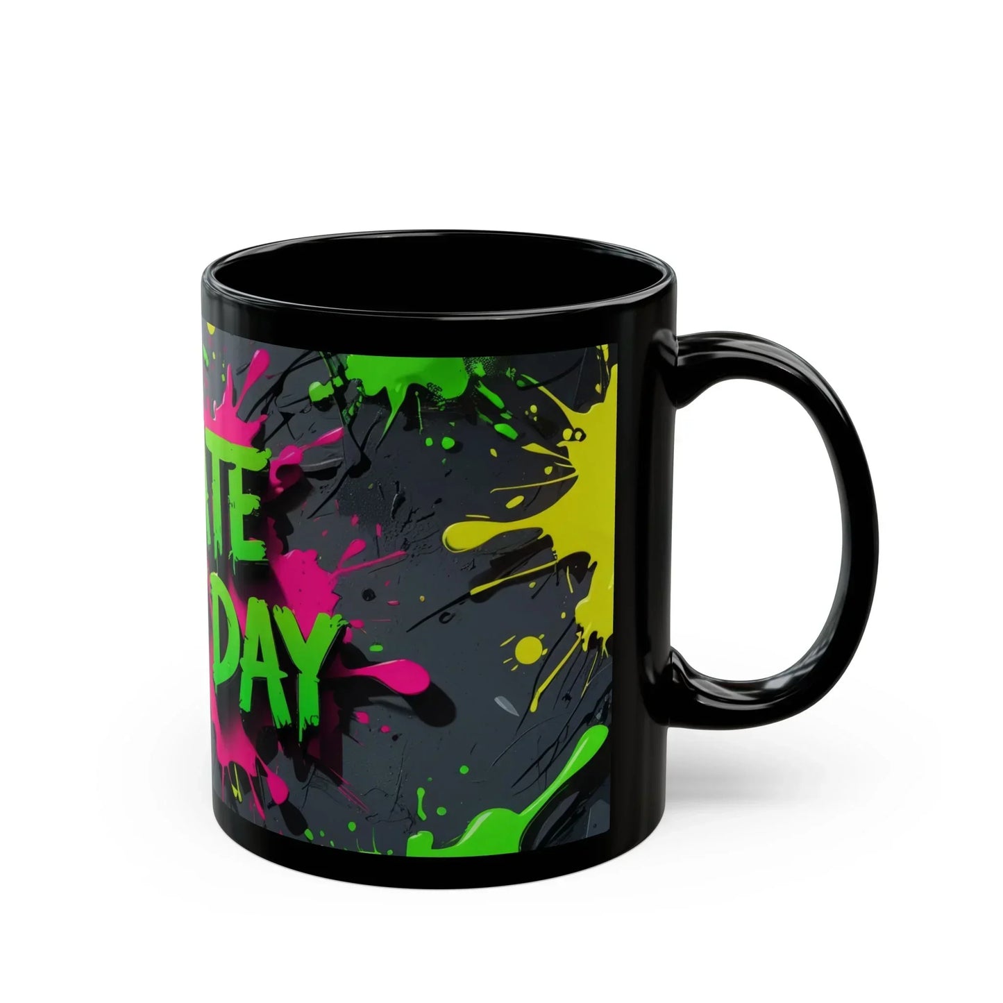 “Create Every Day” Black Mug with Neon Splash Design - KarArmDesign