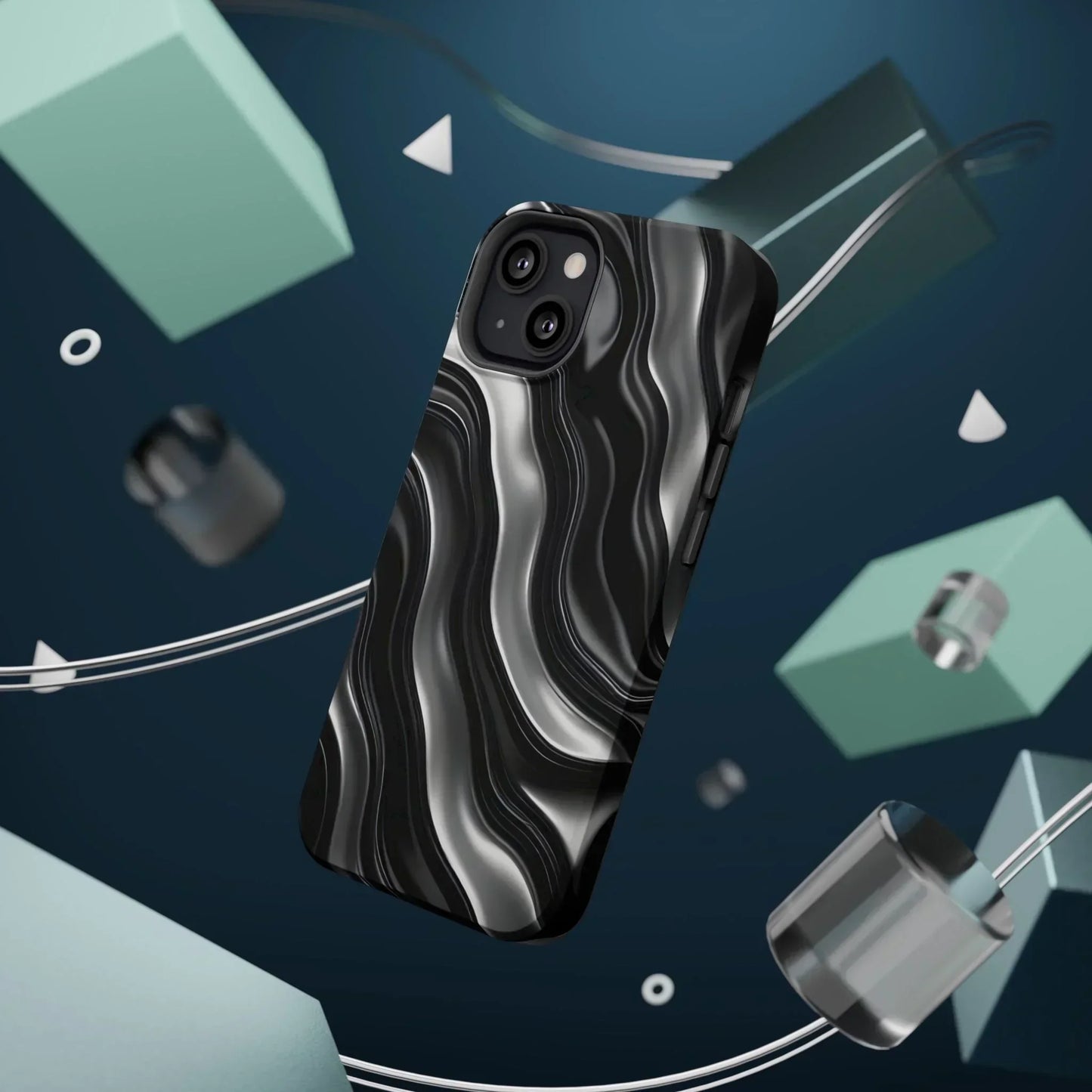 Wavy Illusion Black & Silver MagSafe® Tough Phone Case - KarArmDesign