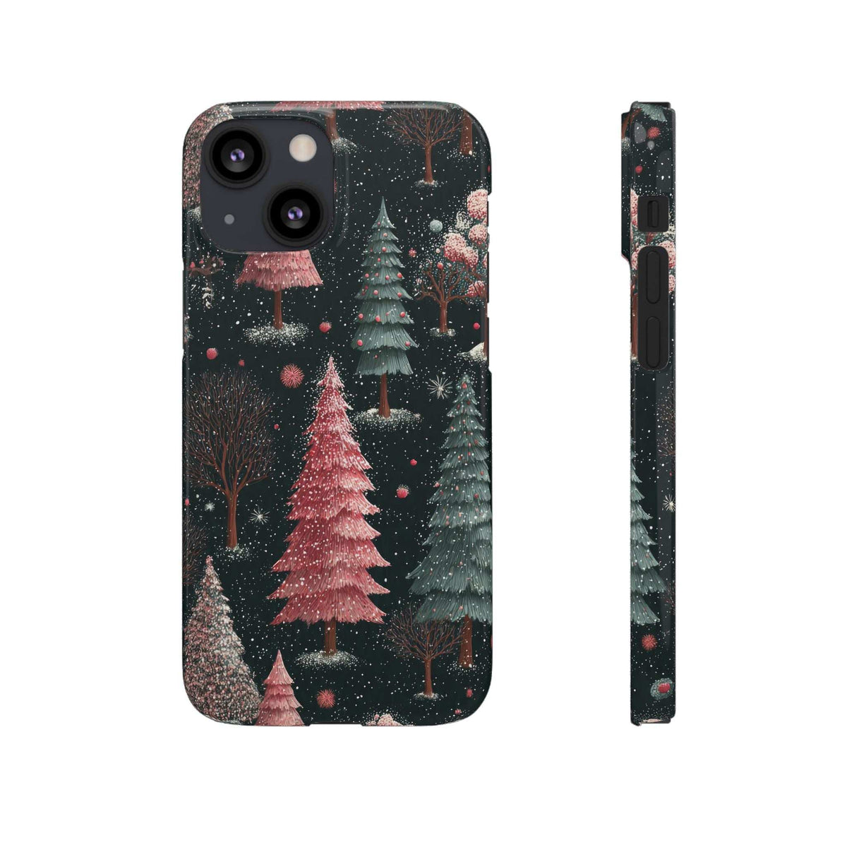 Glossy phone case back with camera cutouts; snowy winter forest with pink pine tree