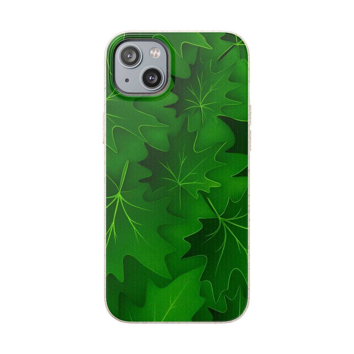 Green phone case with botanical leaf pattern and dual camera cutout in top-left corner